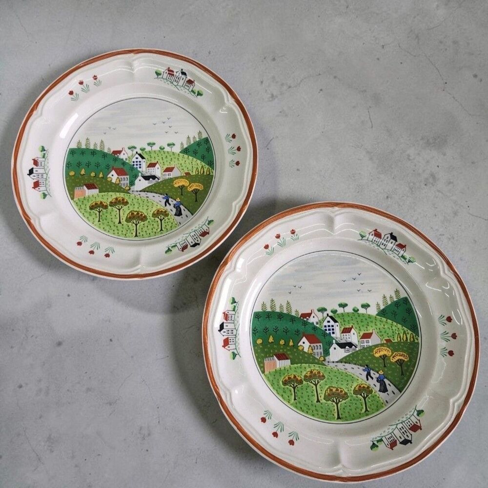 Newcor Stoneware Country Village Set of 2 Dessert Plates 7.5" Japan Vintage 80s